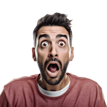 Shocked man with wide eyes and open mouth, isolated on transparent png