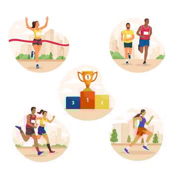 Hand drawn flat city marathon mini illustration set vector