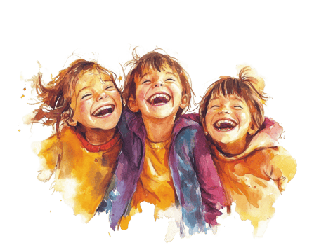 Three Joyful Children Laughing Together in Watercolor png