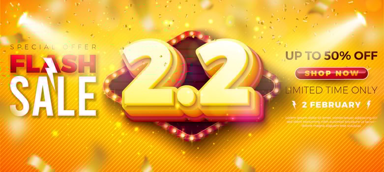 2 February Shopping Day Flash Sale Design with 3d 2.2 Light Bulb Billboard Number and Light Bulb on Yellow Background. Special Offer 50 Percent Off Campaign Discount Illustration for Coupon vector