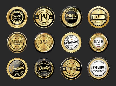 Premium quality gold and black badge and emblem collection stock illustration on black background vector