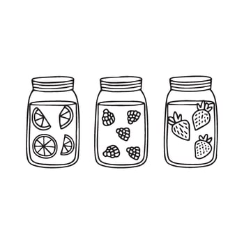 Three jars of infused water strawberry, orange, and blackberry vector
