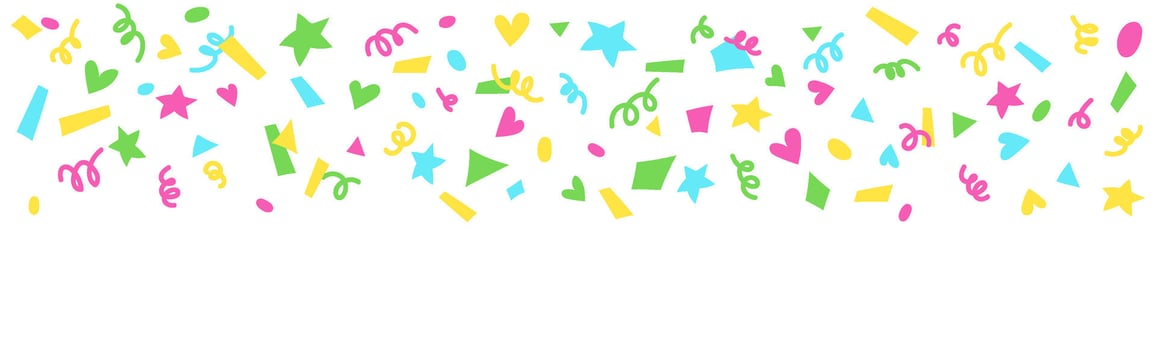 Bright confetti banner isolated. Confetti explosion. Celebration background, banner, header, mail listing. Serpentine, colored paper cuts. Decoration for birthday, holiday vector