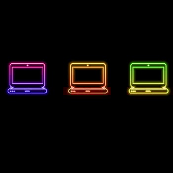 Glowing neon line Laptop icon isolated on black background. Computer notebook with empty screen signal. Colorful outline concept. vector