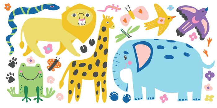 Playful jungle animals like an elephant, lion, giraffe, frog, and snake in vibrant colors evoke tropical adventures, perfect for wildlife themes and fun nature designs vector