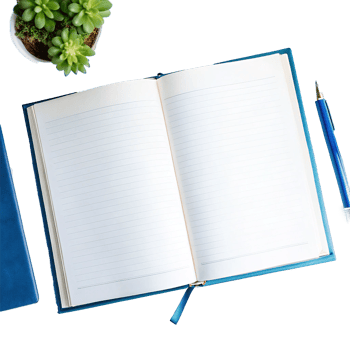 Blank Lined Notebook Open on Desk with Succulent Plant and Pen png