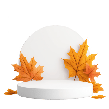 A minimalistic display featuring autumn leaves on a white pedestal. png