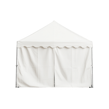 A simple white tent with a peaked roof and open front, perfect for events or markets. png
