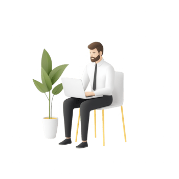 A man working on a laptop while sitting in a modern office setting with a plant. png