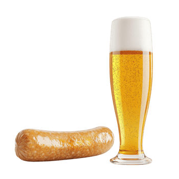 A refreshing glass of beer paired with a savory sausage on a clean background. png