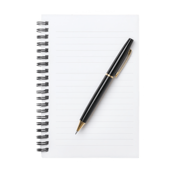 Blank notebook with spiral binding and a sleek pen ready for your ideas. png