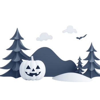 A whimsical Halloween scene with a pumpkin, trees, and mountains in a textured landscape. png