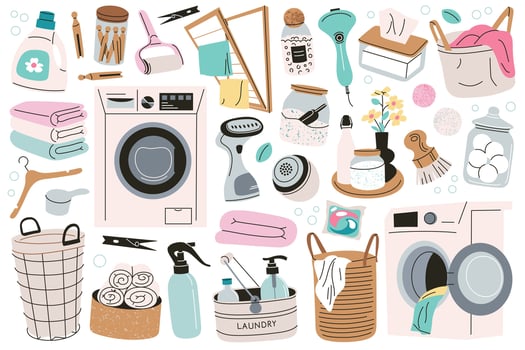 Laundry illustrations set, doodle collection of washing machines, detergents, clean towels, baskets, cleaning tools for home, household equipment and fabric care, storage orginization at home vector