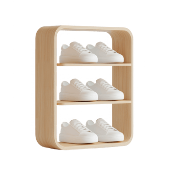 Modern wooden shoe rack displaying stylish white shoes for organized living spaces. png