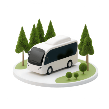 Modern bus parked in a scenic green environment with trees and shrubs. png
