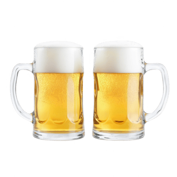 Two glasses of frothy beer arranged side by side with a refreshing golden hue. png