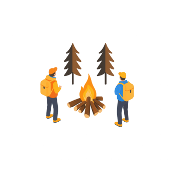 Two friends enjoy a cozy campfire surrounded by trees in nature. png