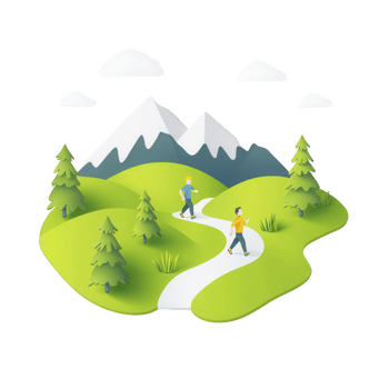 Two hikers enjoying a peaceful trail in a vibrant green mountain landscape. png