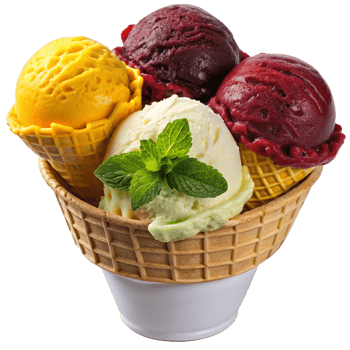Delicious Assortment of Ice Cream Scoops in Waffle Cone Bowl png