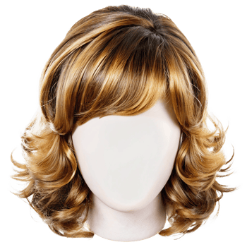 Stylish Medium Length Brown and Blonde Curly Wig on Mannequin Head png