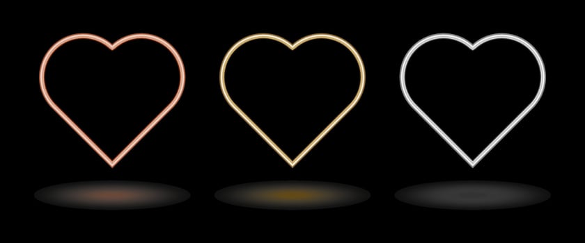 Shiny heart shaped metal tube frame. Luxury pink gold, gold and silver borders separated on black background. Shiny heart shape photo frame design elements set. vector