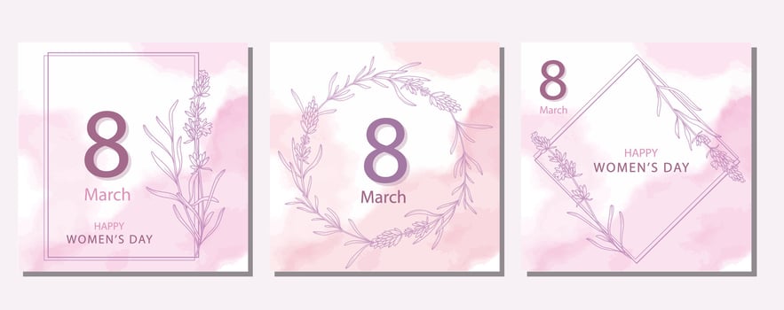 Womens Day Poster. Set of Floral Postcards for 8th March. Flower design Womens Day Greeting Cards. Women Day background Templates with Floral Line Art. vector