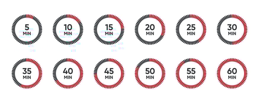 Set of timer. Countdown clock timer. Minutes counting collection. 5, 10, 15, 20, 25, 30, 35, 40, 50, 60 minutes illustration. vector