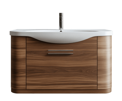 Modern wooden bathroom vanity with sleek design and integrated sink in contemporary style on transparent background png