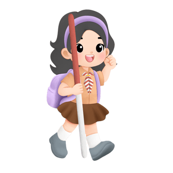 cheerful scout kid watercolor illustration, girl walking with power while holding a stick png