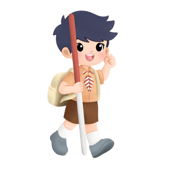 cheerful scout kid watercolor illustration, boy walking with stick png