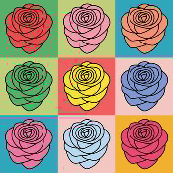 Pop Art Style Roses in 3x3 Grid with Bold Colors and Outlines vector