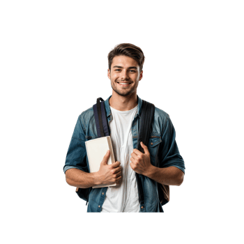 A smiling young man with a backpack and books png