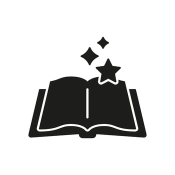 Open Book With Stars Silhouette Icon. Magical Storybook Glyph Symbol. Fantasy Reading, Bedtime Story Or Fairy Tale. Isolated Illustration vector