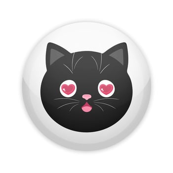 Glossy badge button with cute black cat in love. Round plastic pin vector