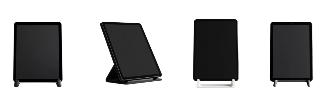 Four Tablets Displayed Vertically and Angled in Stands png
