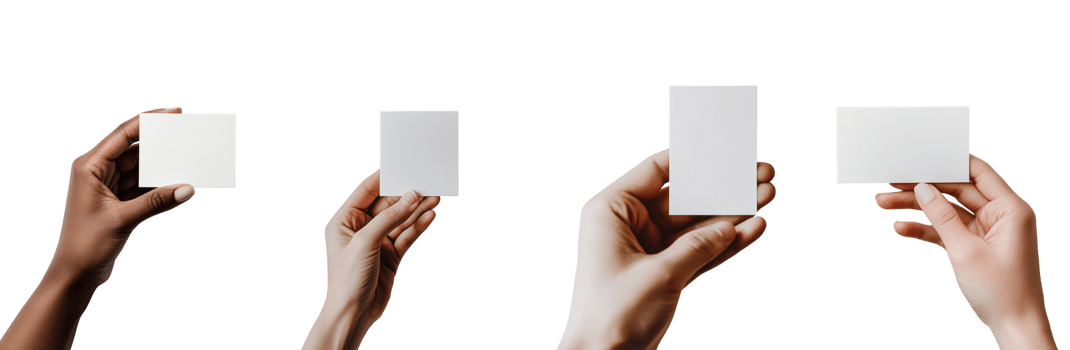 Hands holding blank white cards showcasing various sizes png