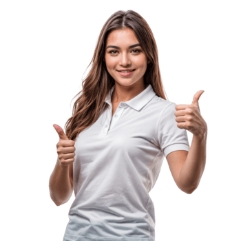 a woman in a white polo shirt showing thumbs up png