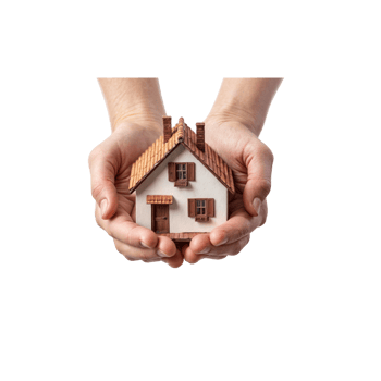 A person holds a small white model house with windows and a door in their hands, symbolizing home ownership and real estate investment. png