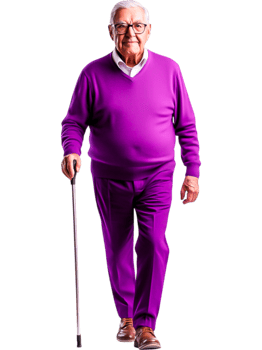Senior Man in Stylish Purple Outfit with Cane png