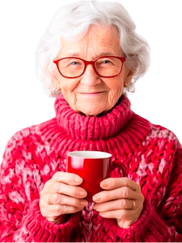 Joyful Senior Woman Holding a Red Mug png