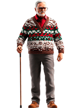 Elderly Man in Colorful Sweater with Cane png