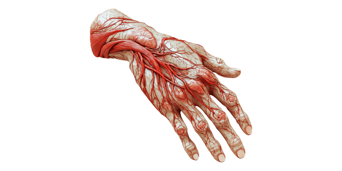 Detailed human hand anatomy with blood vessels isolated on transparent background png