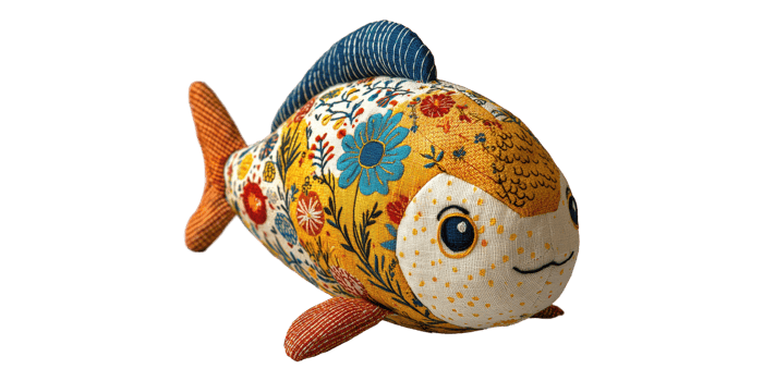 Colorful fabric fish toy with floral patterns isolated on transparent background png