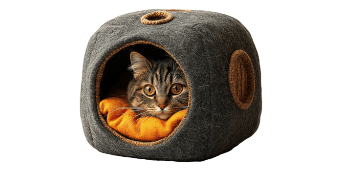 Cat resting in cozy cubic bed isolated on transparent background png