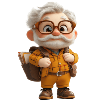 Elderly cartoon character with glasses and a backpack, smiling warmly in a cute setting isolated on transparent background. png