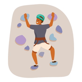 Young man climbing wall at indoor gym wearing helmet and harness vector