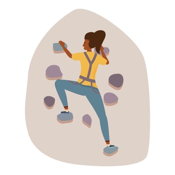Female athlete climbing rock wall wearing safety harness vector