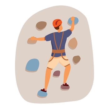 Climber ascending artificial climbing wall wearing safety helmet and harness vector