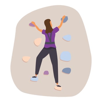 Woman climbing practice wall using colorful holds and safety harness vector
