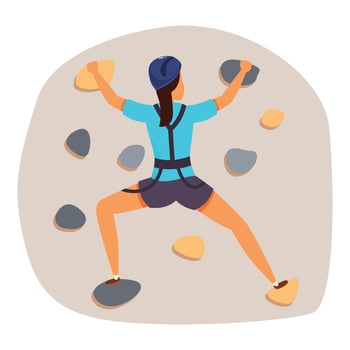 Female athlete climbing wall using safety harness and helmet vector